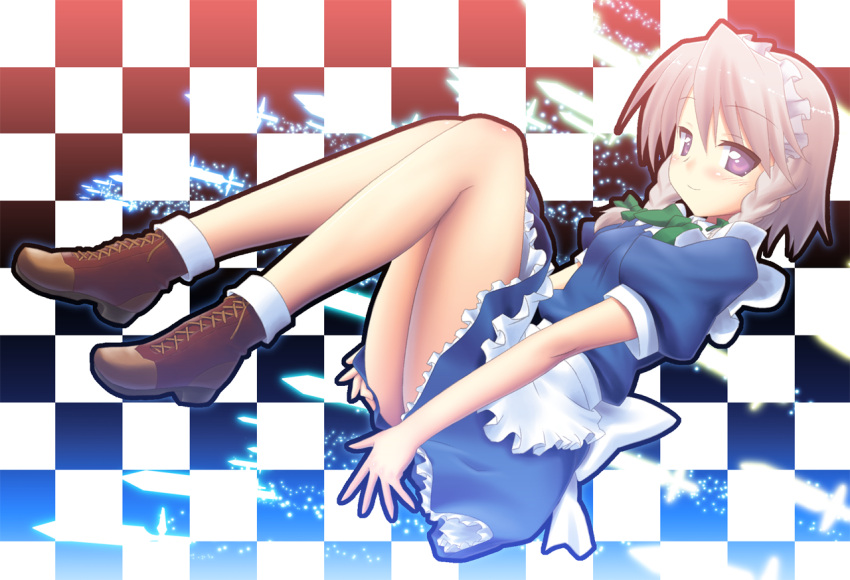 boots, braid, fumotono_mikoto, izayoi_sakuya, maid_cap, maid_headdress, short_hair, silver_hair
