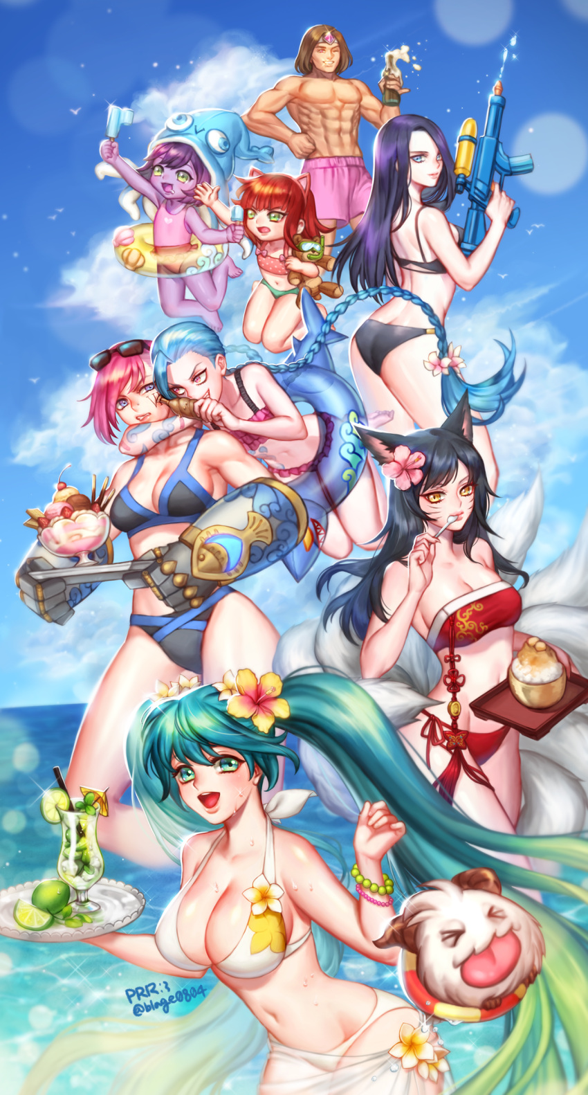1boy, 6+girls, :d, ahri, animal_ears, annie_hastur, aqua_eyes, aqua_hair