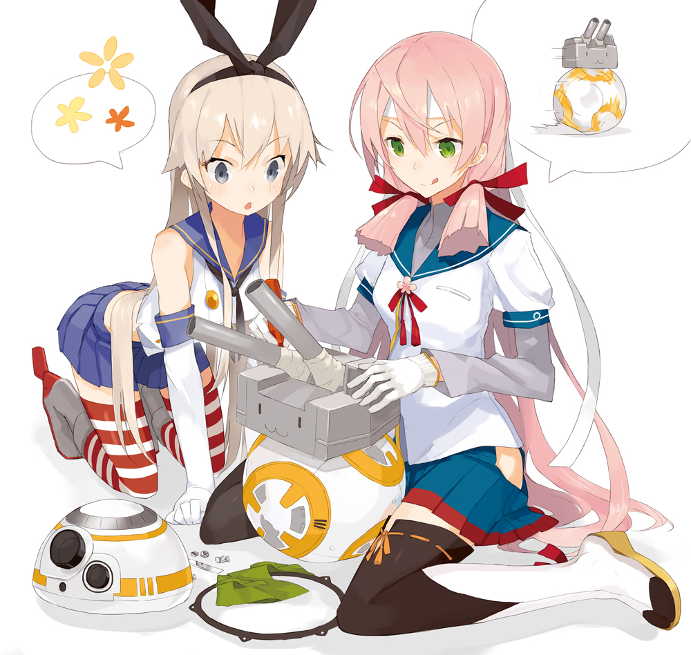 2girls, :o, :q, akashi_(kantai_collection), bb-8, blonde_hair, blue_eyes, blush