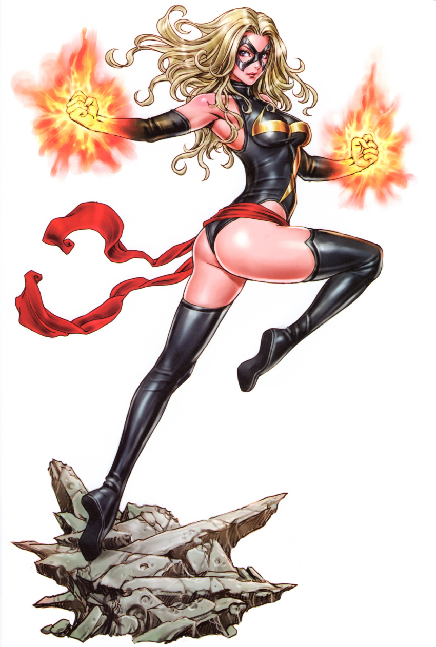 1girl, absurdres, arched_back, armpits, ass, bare_shoulders, black_legwear, blonde_hair
