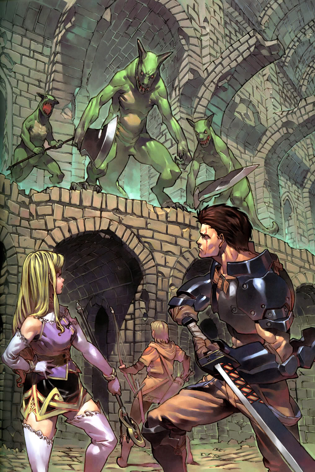 1boy, 1girl, 2boys, armor, arngrim, blonde_hair, bow, brown_hair