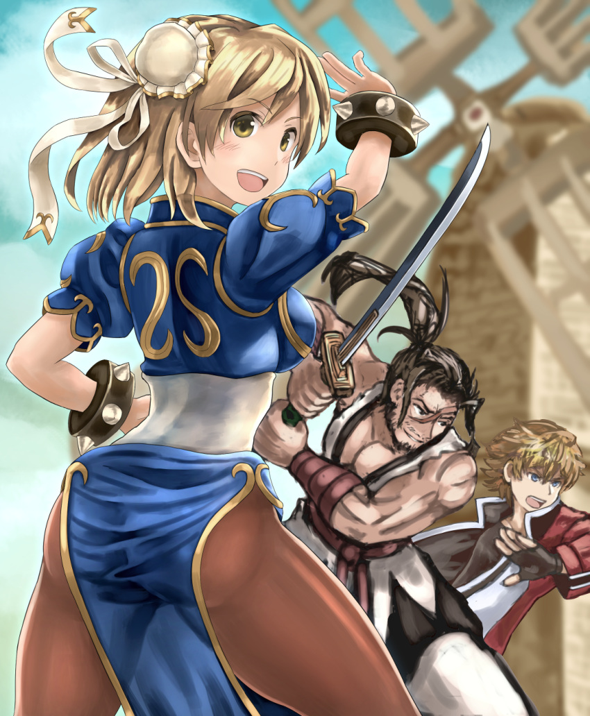 1girl, 2boys, ass, attack, chinese_clothes, chun-li, cosplay, feather_(granblue_fantasy)