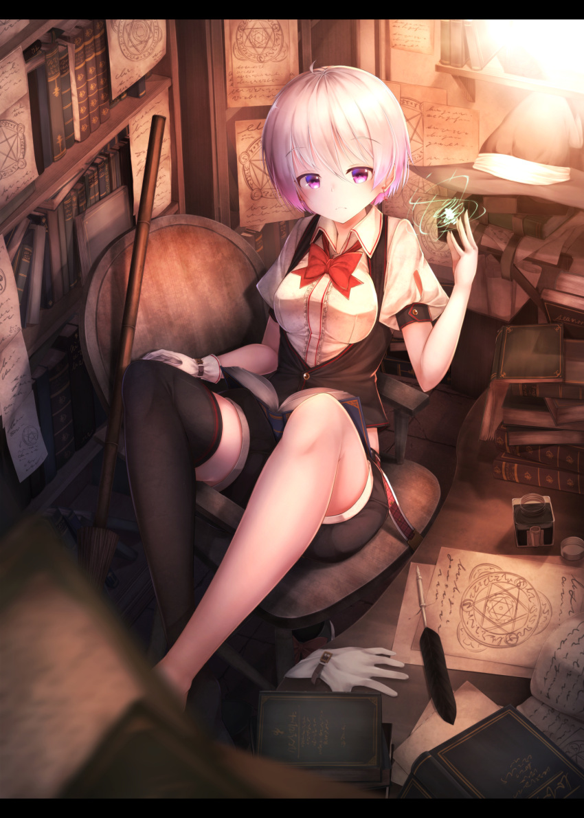 1girl, ahoge, barefoot, black_legwear, black_vest, blurry, book, bookshelf, bow, bowtie, broom, buttons, chair, collared_shirt, crystal, glove_removed, gloves, hat, hat_removed, headwear_removed, highres, indoors, ink, ink_bottle, light, looking_at_viewer, magic, mismatched_gloves, mismatched_legwear, open_book, original, paper, parted_lips, pink_hair, puffy_short_sleeves, puffy_sleeves, quill, red_bow, red_bowtie, shirt, short_hair, short_sleeves, smile, solo, thigh-highs, violet_eyes, waterdog, white_gloves, white_shirt, wind_magic, witch, witch_hat