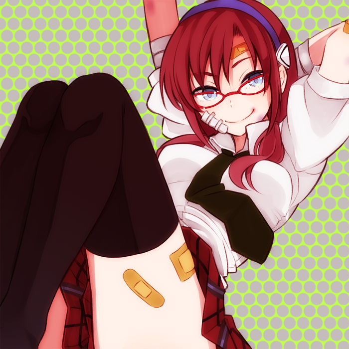 arms_up, bandaid, blue_eyes, emdo_(norabbit), glasses, makinami_mari_illustrious, necktie, neon_genesis_evangelion
