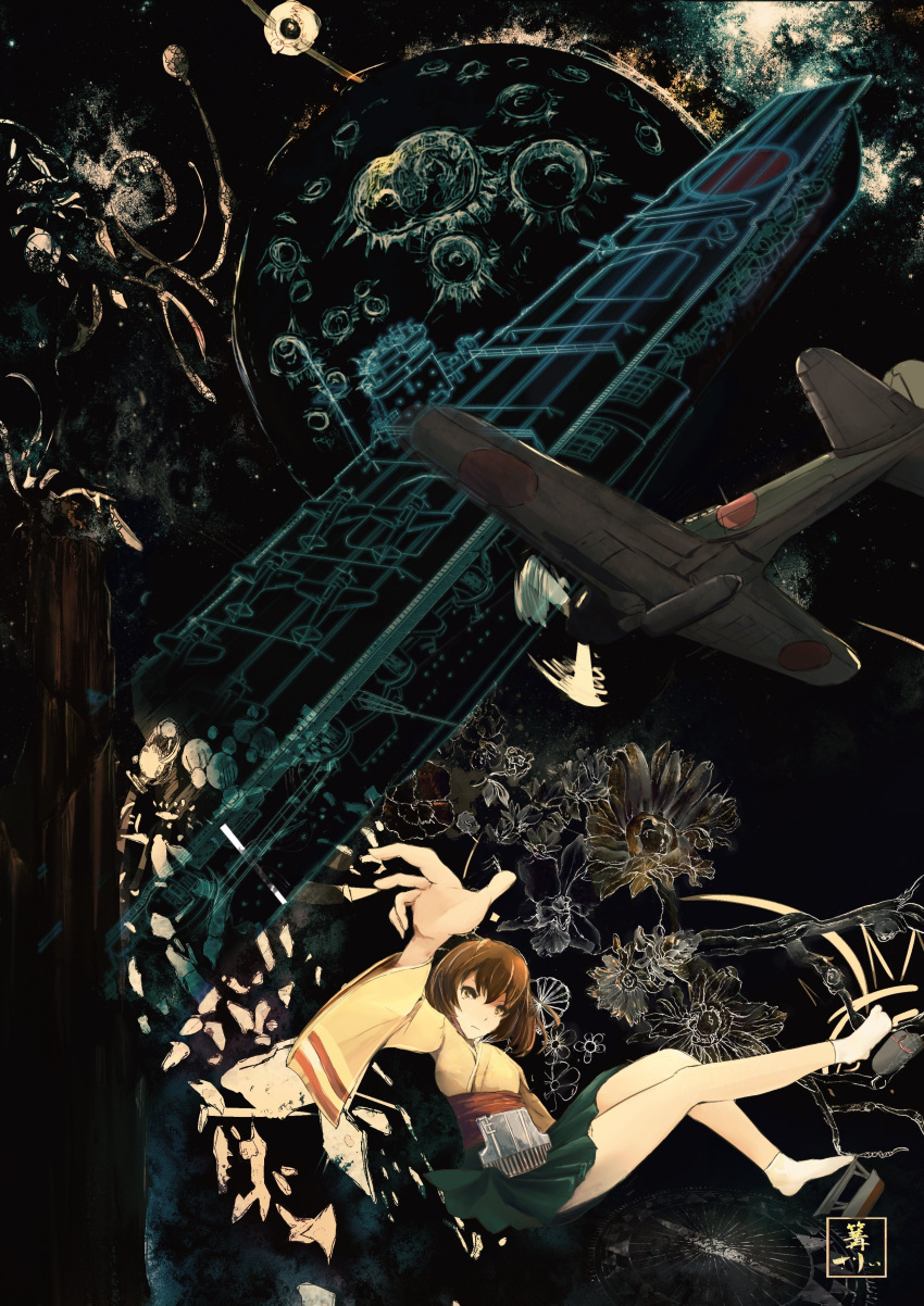 1girl, aa_gun, absurdres, aircraft_carrier, airplane, breasts, brown_eyes, brown_hair