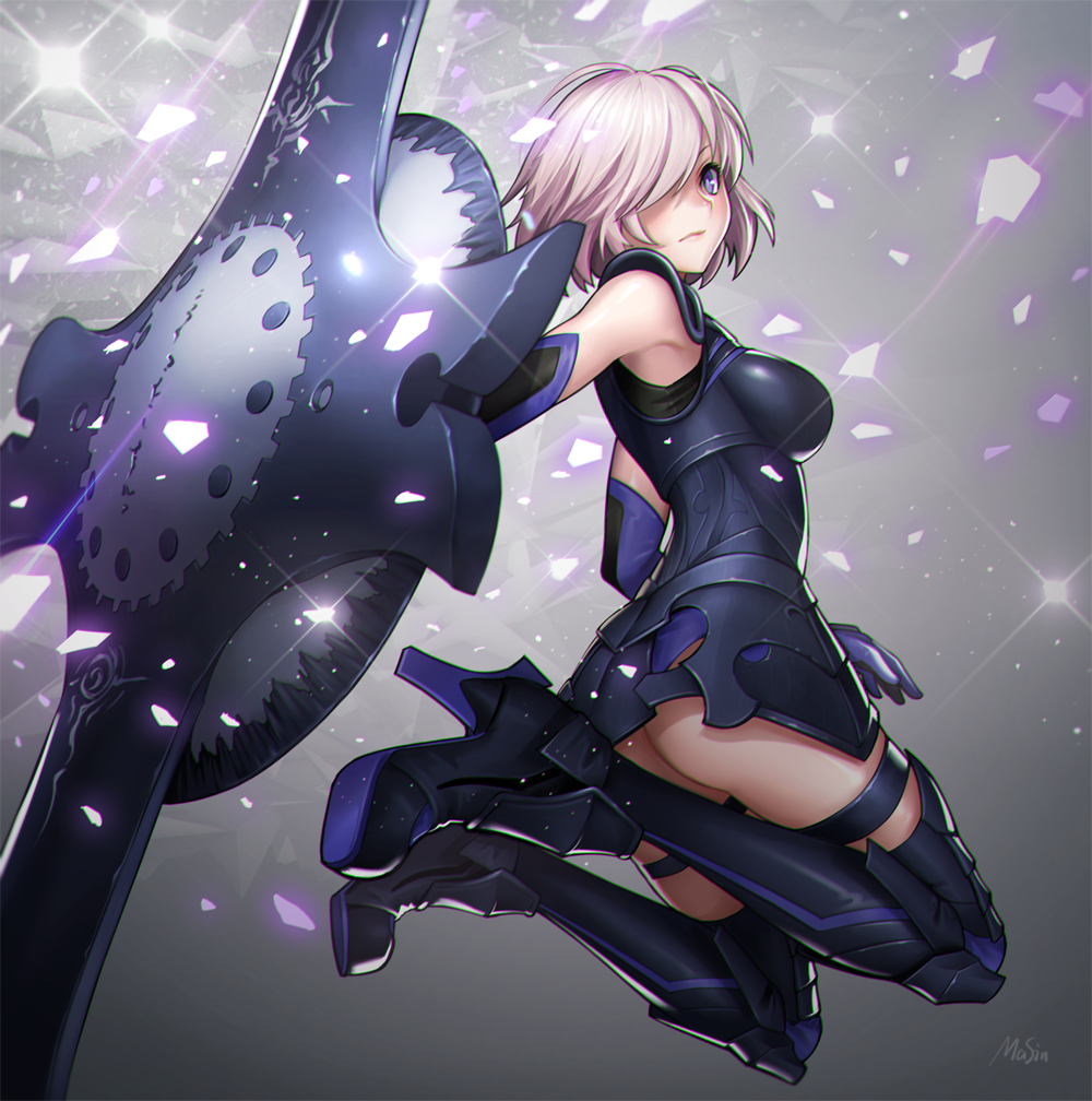 1girl, armor, ass, bangs, boots, elbow_gloves, fate/grand_order, fate_(series)