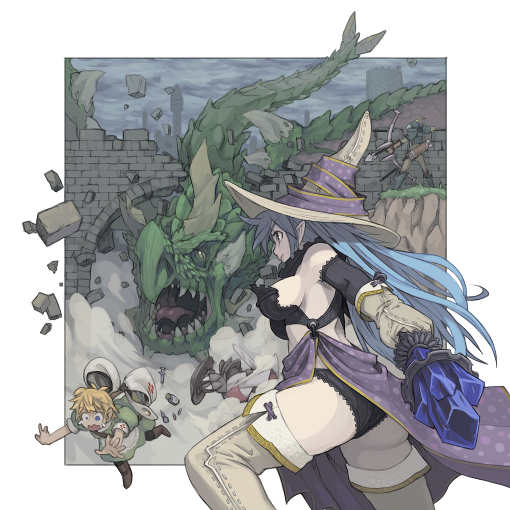 blue_hair, breasts, dragon, fantasy, hat, long_hair, maruta_kentarou, original