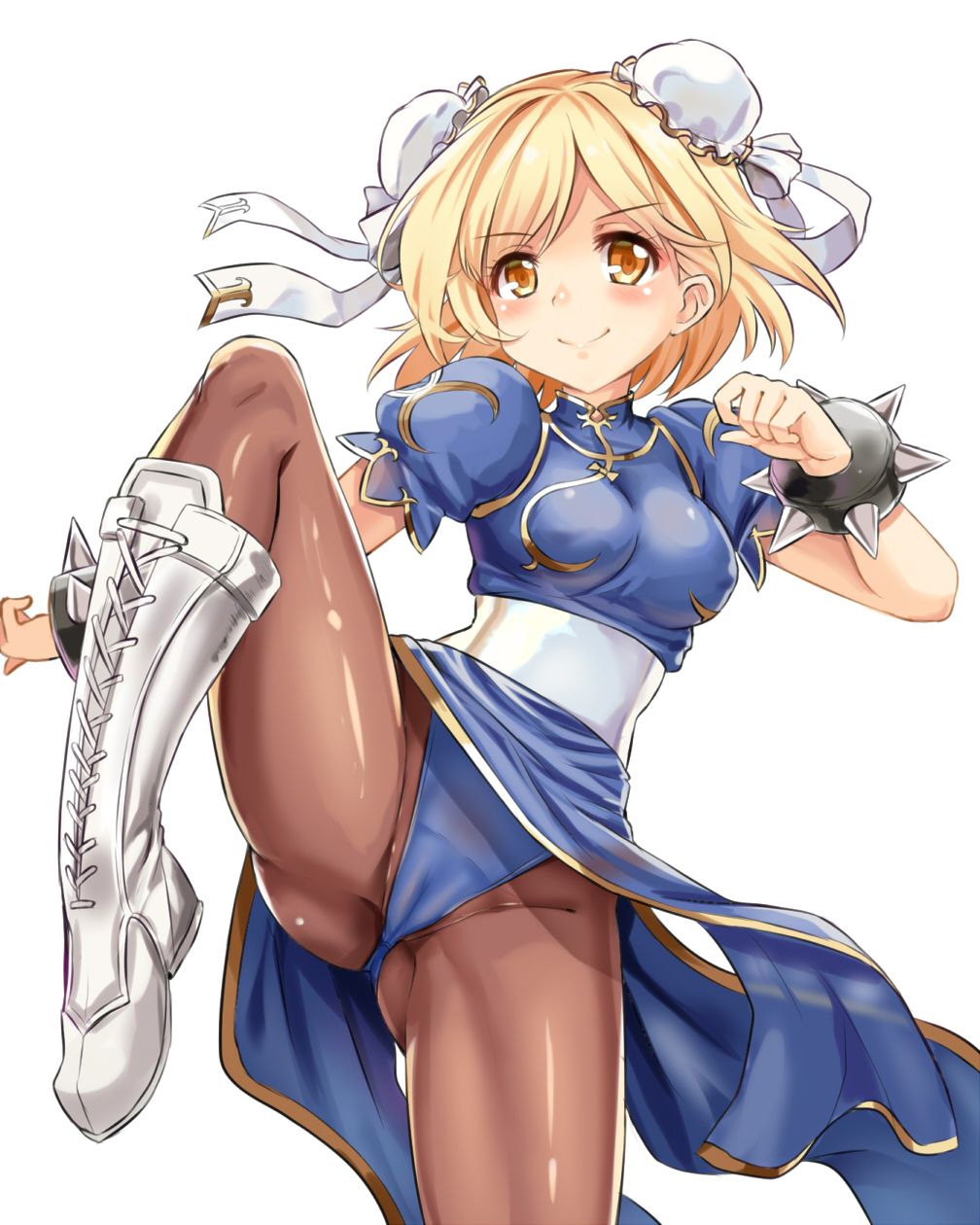 1girl, blonde_hair, blue_dress, blush, boots, brown_legwear, bun_cover, china_dress