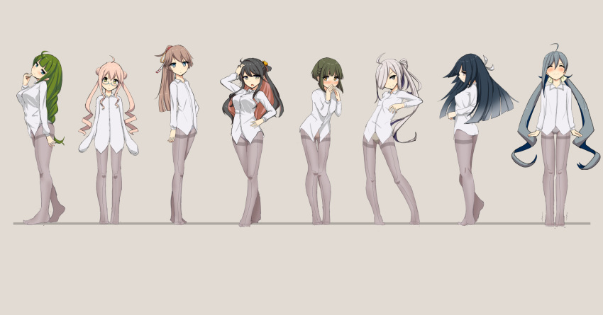 6+girls, ahoge, asashimo_(kantai_collection), black_hair, blue_eyes, brown_hair, cassandra_(seishun_katsu_sando), glasses