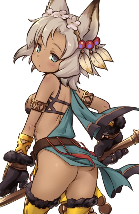 1girl, animal_ears, armlet, ass, back, bare_shoulders, blue_eyes, blush, cat_ears, cat_paws, dark_skin, deku_(dekunosu), feathers, flower, from_behind, granblue_fantasy, grey_hair, hair_flower, hair_ornament, looking_at_viewer, looking_back, melleau, no_panties, open_mouth, paws, short_hair, solo, thigh-highs, yellow_legwear