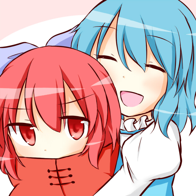 2girls, :d, ^_^, blue_hair, bow, cape, closed_eyes, covered_mouth