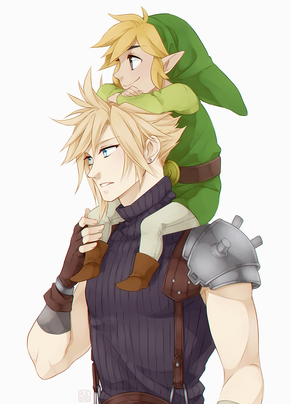 2boys, belt, black_eyes, blonde_hair, blue_eyes, carrying, chromatic_aberration, cloud_strife
