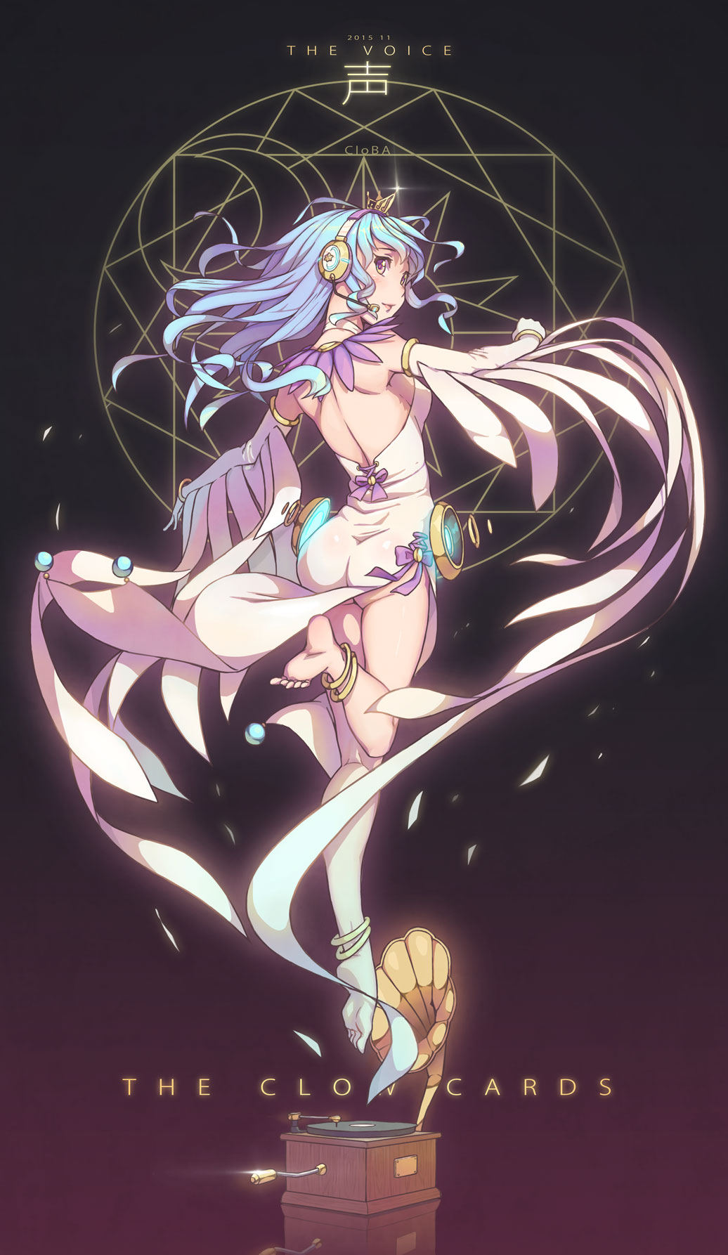 1girl, 2015, anklet, artist_name, ass, back, ball, bare_back, barefoot, blue_hair, blush, bracelet, breasts, cardcaptor_sakura, character_name, choker, cloba_(daeniel811015), closed_mouth, clow_card, crescent, cross-laced_clothes, crown, detached_sleeves, full_body, glowing, headphones, headset, highres, jewelry, lens_flare, long_hair, looking_back, magic_circle, microphone, original, outstretched_arm, outstretched_arms, phonograph, purple_ribbon, reflection, ribbon, side_slit, sideboob, soles, solo, speaker, spread_arms, standing_on_one_leg, star, tiptoes, voice_(clow_card)