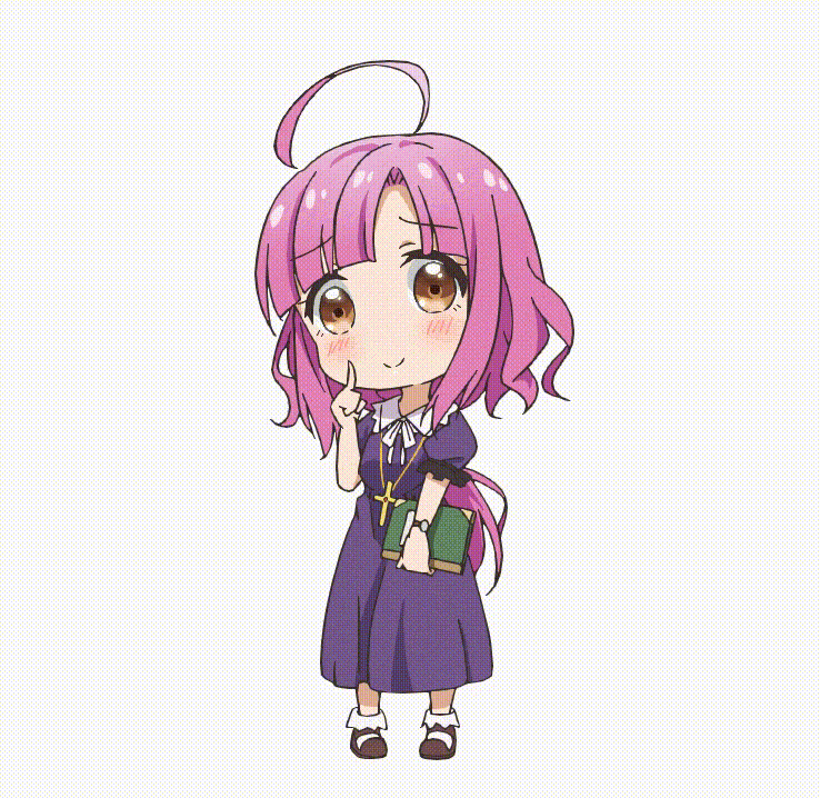 ahoge, animated, animated_gif, artist_request, book, boots, brown_hair, chibi, dress, finger_to_face, gakkou_gurashi!, gochuumon_wa_usagi_desu_ka?, hoto_mocha, kayano_ai, long_hair, pink_hair, rolling_pin, rosary, sakura_megumi, seiyuu_connection, smile, violet_eyes