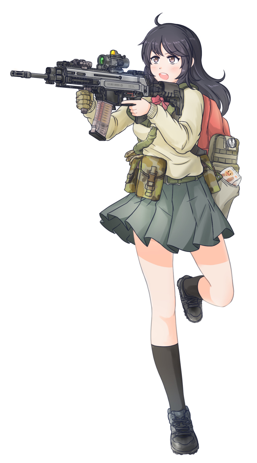 1girl, ahoge, aiming, assault_rifle, backpack, bag, black_hair, brown_eyes, bullet, casual, cz-805, elcan_scope, foregrip, gloves, gun, highres, laser_sight, load_bearing_equipment, open_mouth, original, reflex_sight, rifle, school_uniform, selby, simple_background, trigger_discipline, weapon, white_background