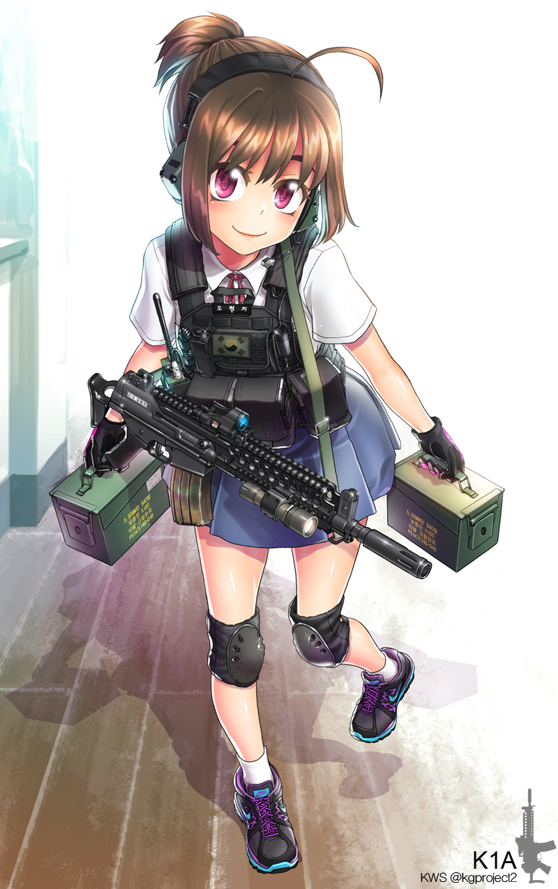 1girl, ahoge, ammo_box, assault_rifle, brown_hair, daewoo_k1, emblem, field_radio