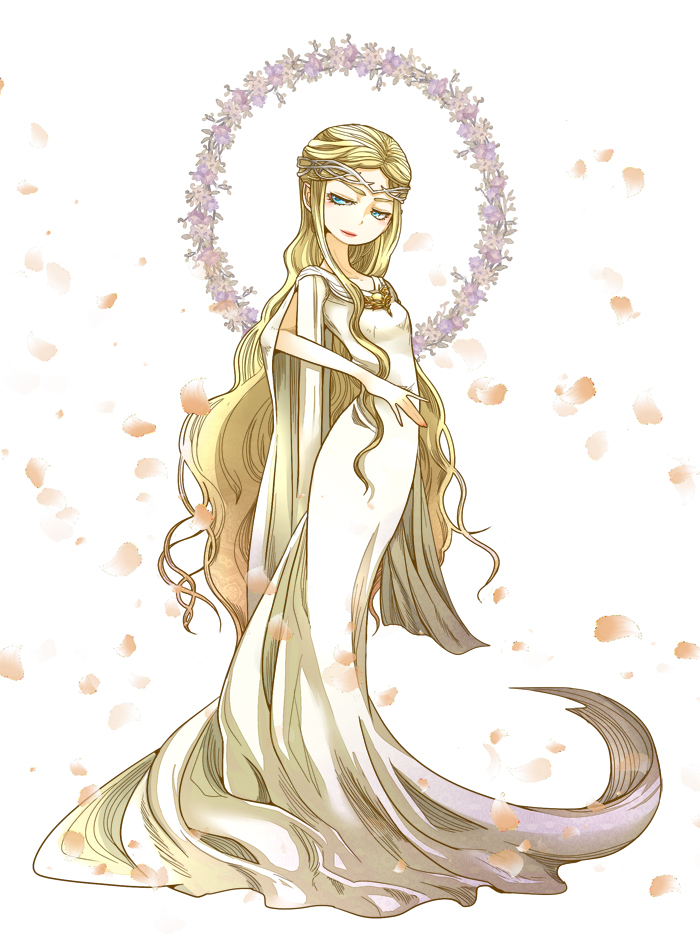 1girl, blonde_hair, blue_eyes, curly_hair, elf, flower, galadriel, long_hair, lord_of_the_rings, petals, pointy_ears, simple_background, solo, tiara, toriko_(tenawan), very_long_hair, white_background
