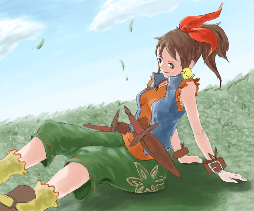 1girl, bird, breasts, grandia, grandia_iii, hair_ribbon, highres, looking_at_viewer