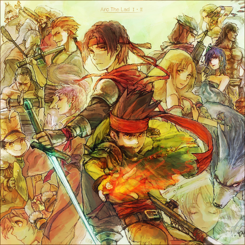 arc_(arc_the_lad), arc_the_lad, choko_(arc_the_lad), everyone, fujin, gruga, lowres, magic, meril, multiple_boys, multiple_girls, paundit, poco, raijin, shante, short_hair