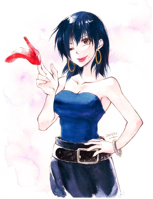 1girl, arc_the_lad, arc_the_lad_ii, breasts, cleavage, dress, high_heels, lipstick, makeup, shante_(arc_the_lad), short_hair, solo, upper_body