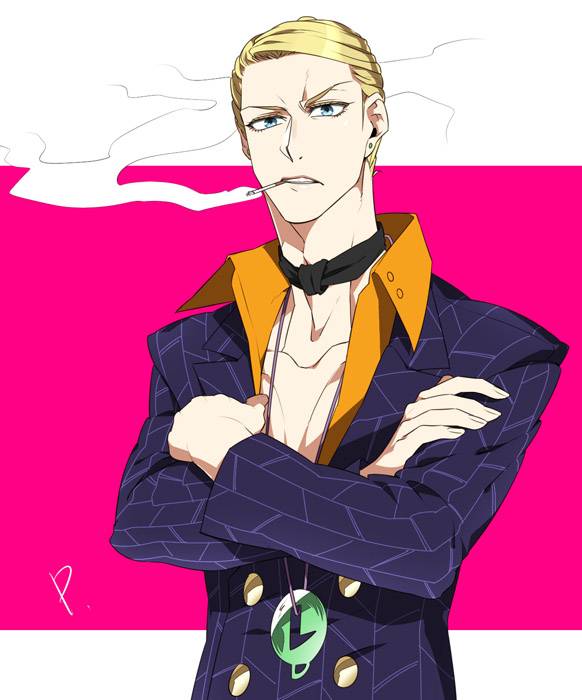 1boy, blonde_hair, blue_eyes, cigarette, formal, hokuto_shun, jewelry, jojo_no_kimyou_na_bouken, necklace, prosciutto, solo, suit