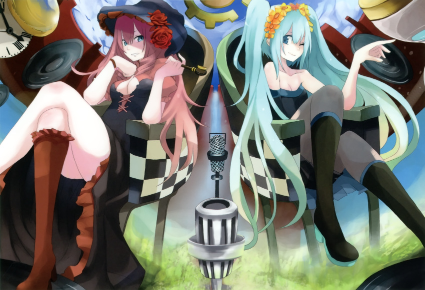 chroma_of_wall, cleavage, dependence_intension_(vocaloid), hatsune_miku, megurine_luka, pantyhose, tansuke, vocaloid