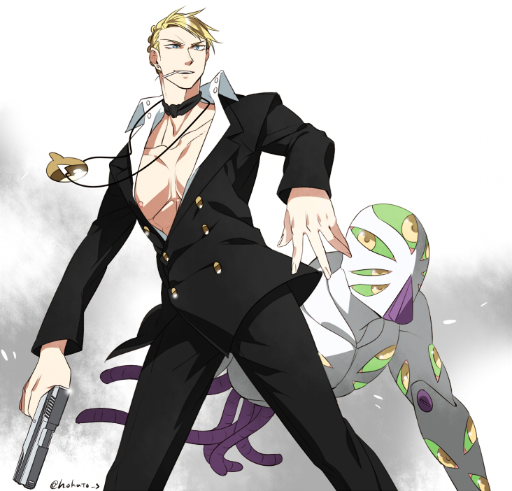 1boy, 2boys, blonde_hair, cigarette, formal, gun, handgun, hokuto_shun