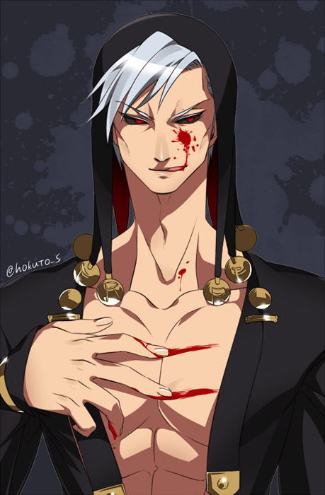 1boy, black_sclera, blood_on_chest, grey_hair, hat, hokuto_shun, jojo_no_kimyou_na_bouken, red_eyes