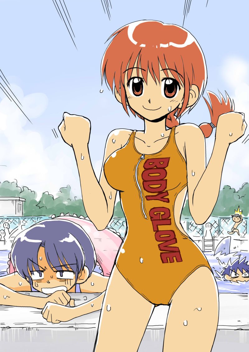 ?&rsquo;?&lsquo;?, blue_eyes, blue_hair, braid, genderswap, innertube, one-piece_swimsuit, pool
