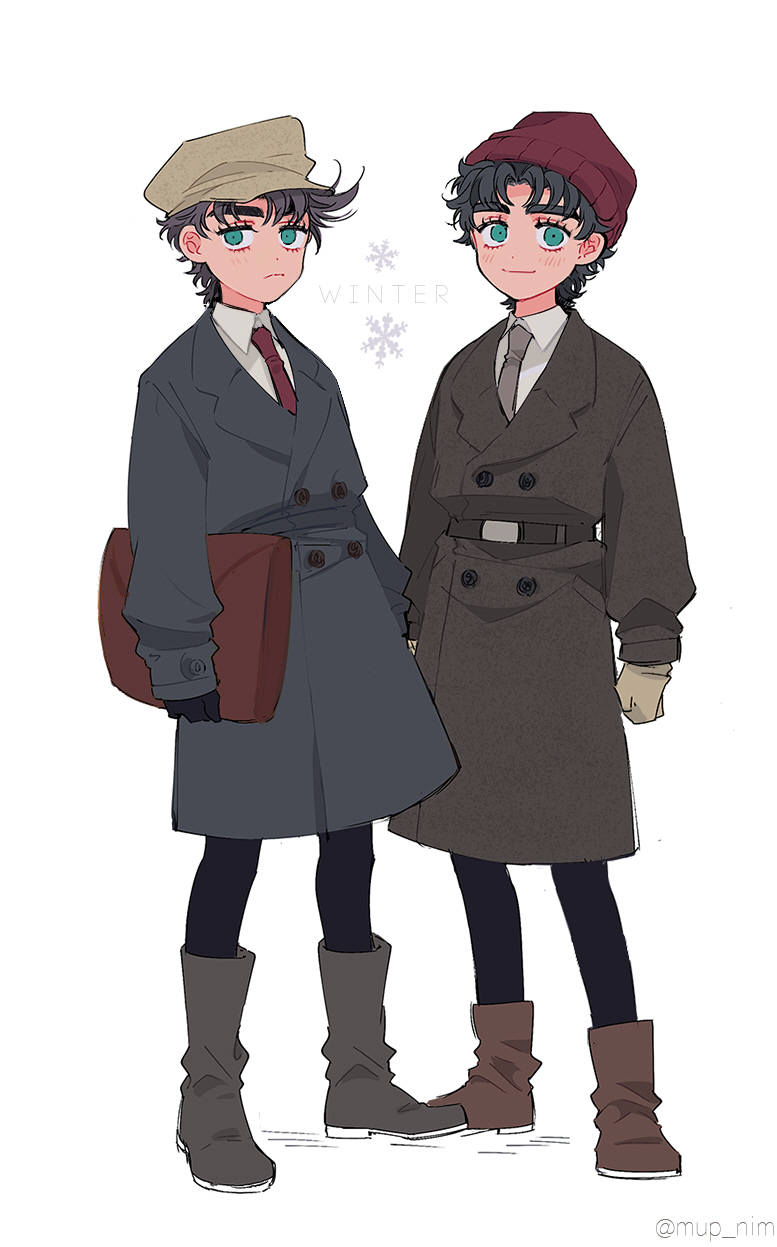 2boys, black_hair, blue_eyes, boots, cabbie_hat, coat, hat, highres