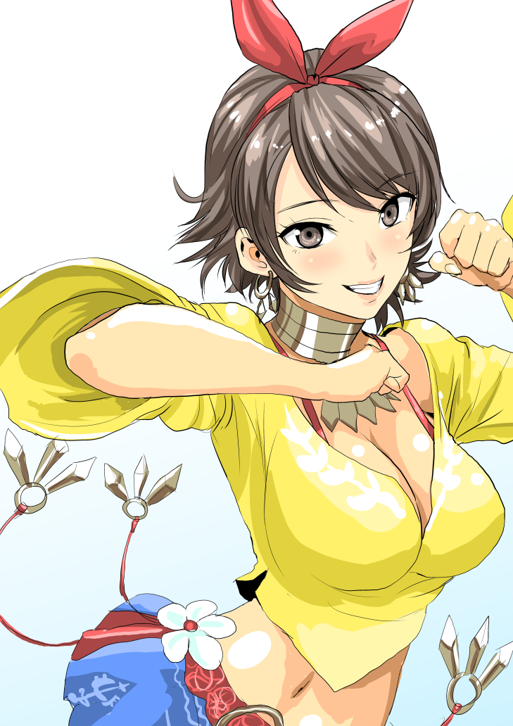 1girl, breasts, brown_eyes, brown_hair, clash_kuro_neko, cleavage, earrings, grin
