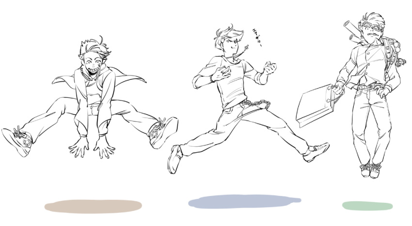3boys, 720_72, air_guitar, bag, brothers, choromatsu, floating_hair, glasses