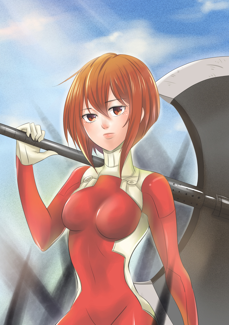 1girl, all_you_need_is_kill, axe, bodysuit, breasts, brown_eyes, corpse, groin