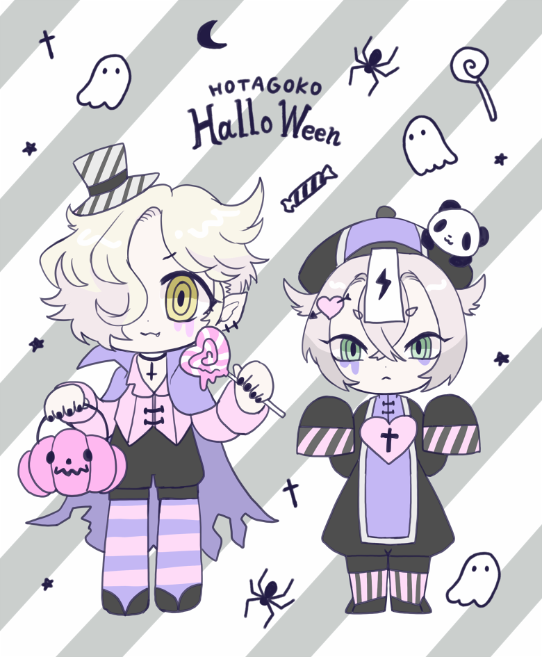 2boys, :3, blonde_hair, candy, cape, fang, ghost, gokotai