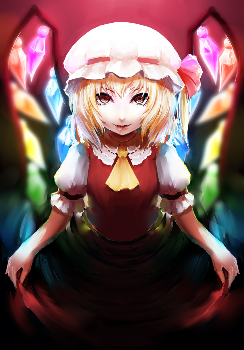 1girl, ascot, blonde_hair, blurry, crystal, flandre_scarlet, glowing, gradient