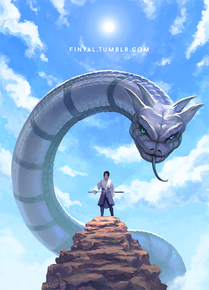 1boy, animal, black_hair, blue_sky, clouds, finval, horns, japanese_clothes, kimono, long_sleeves, looking_at_viewer, manda_(naruto), monster, naruto, outdoors, oversized_animal, rock, sash, scabbard, scales, sheath, sheathed, sky, snake, standing, sun, sunlight, sword, tongue, tongue_out, uchiha_sasuke, watermark, weapon, web_address