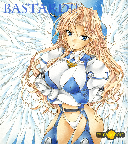 1girl, armor, bastard!!, blonde_hair, blue_background, blue_eyes, breasts, copyright_name