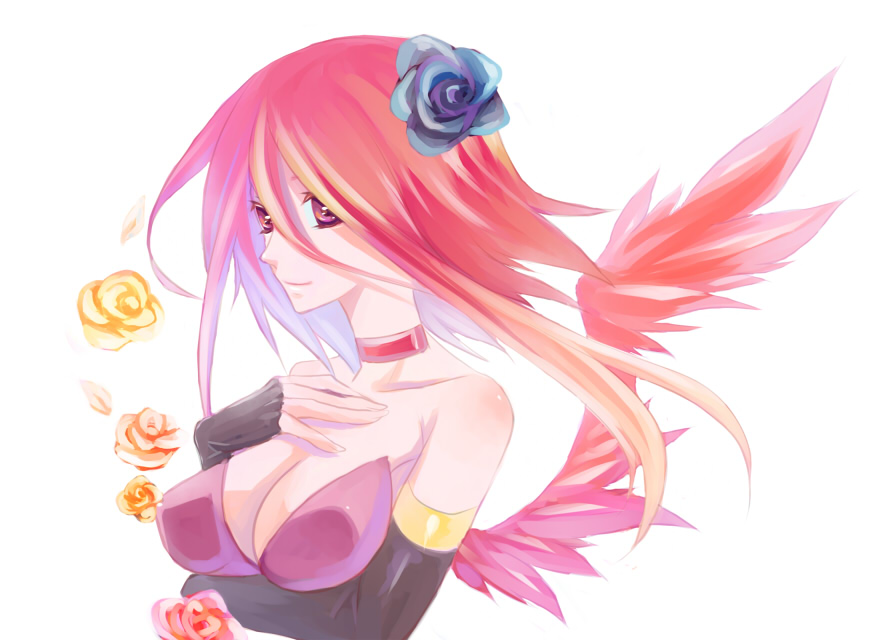 breasts, choker, cleavage, elbow_gloves, fingerless_gloves, flower, gloves, hair_flower