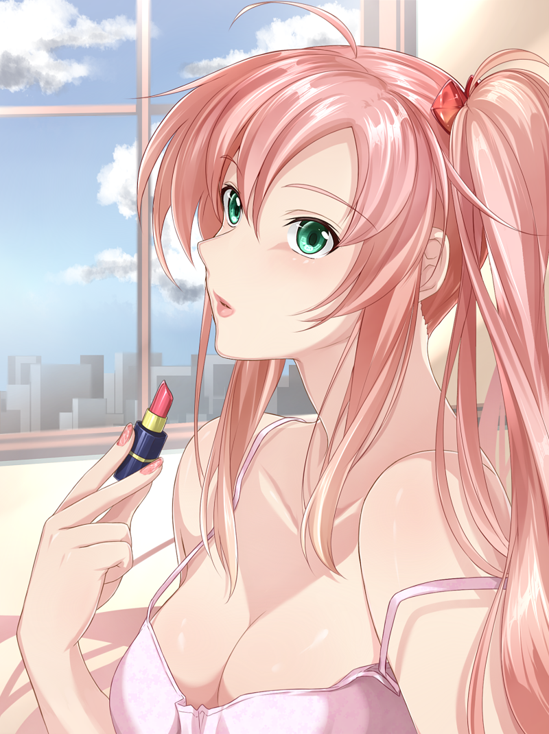 1girl, ahoge, bare_arms, blue_sky, breasts, camisole, cityscape, cleavage