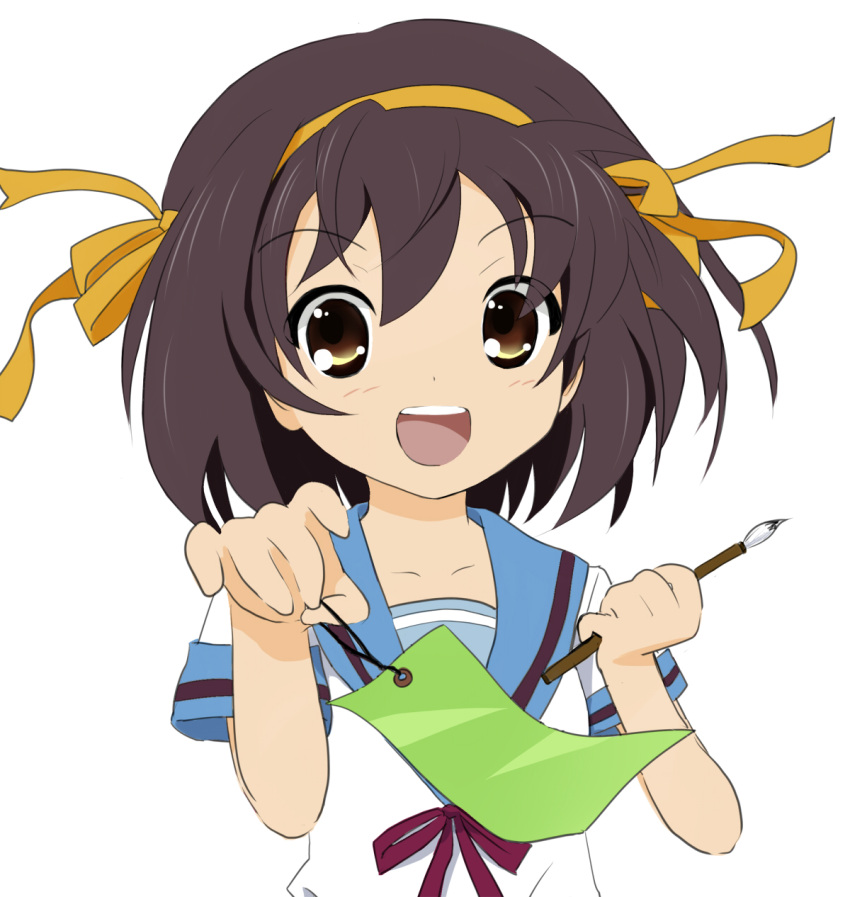 black_hair, brown_eyes, brown_hair, calligraphy_brush, flat_chest, hair_ribbon, hairband, highres