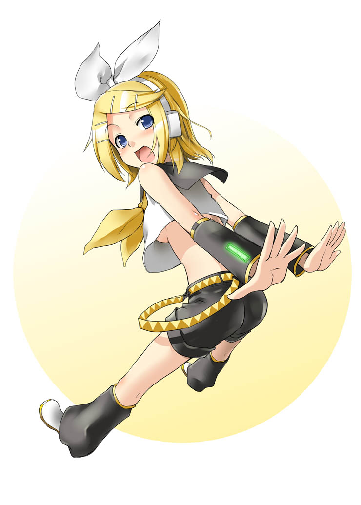 ass, blonde_hair, blue_eyes, breasts, denkishowgun, detached_sleeves, hair_ornament, hair_ribbon