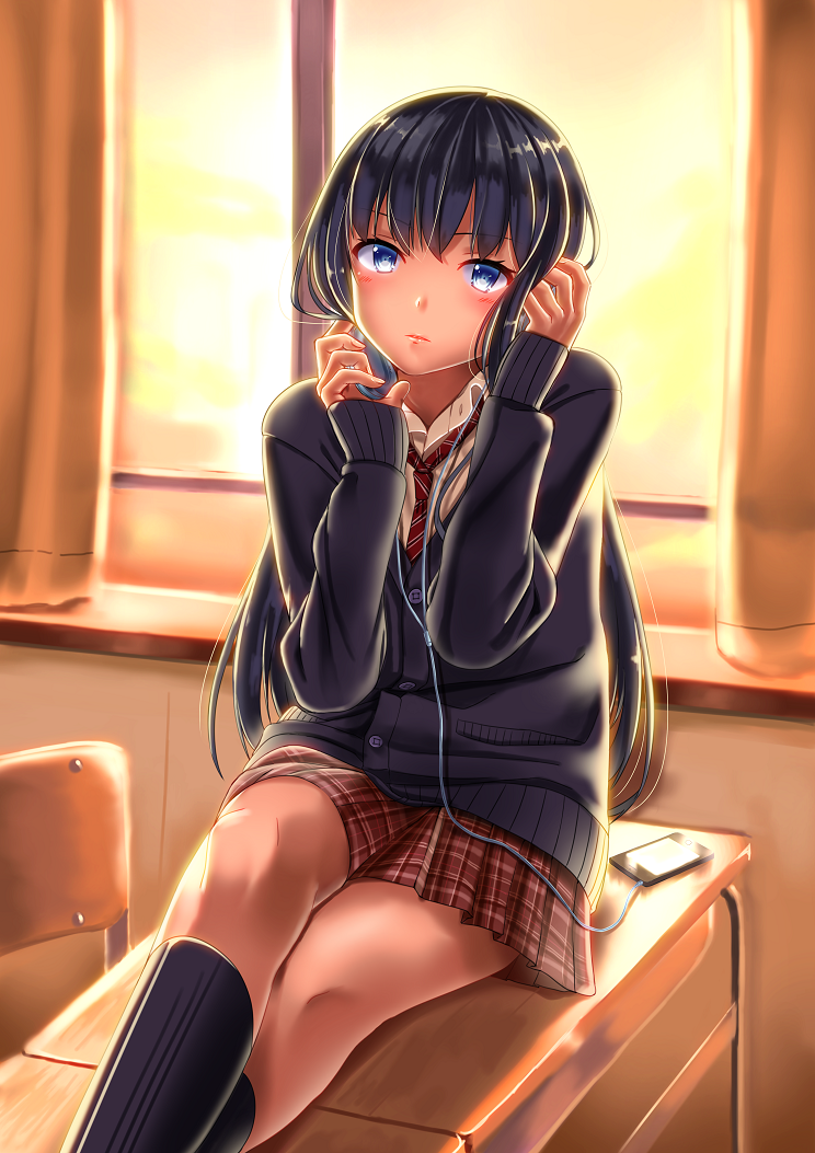 1girl, black_cardigan, black_hair, black_legwear, blue_eyes, blush, buttons, cardigan