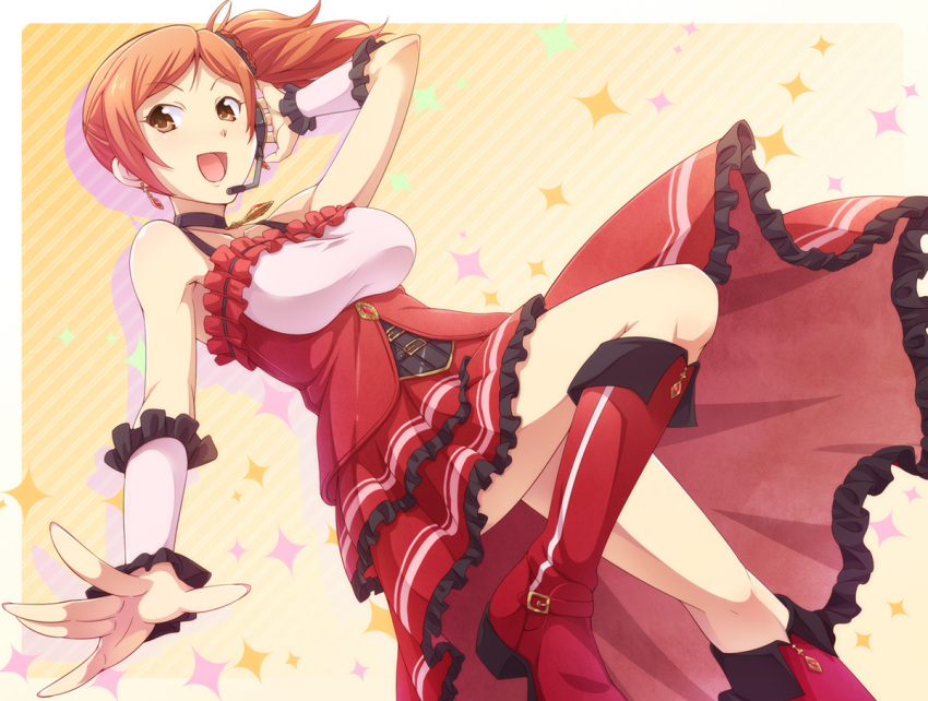1girl, bare_shoulders, boots, breasts, brown_eyes, choker, dress, e20
