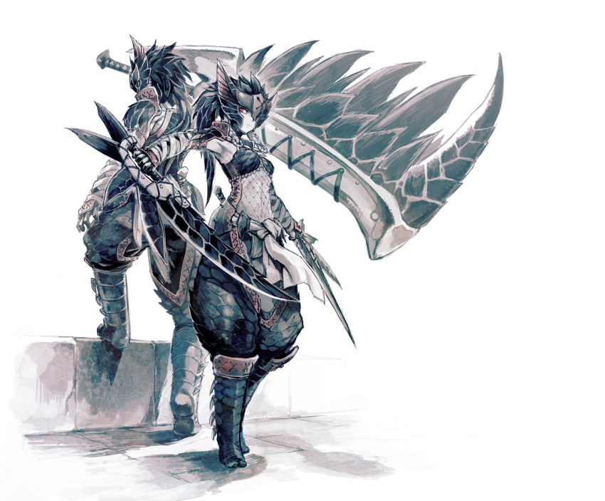 1boy, 1girl, animal_ears, armor, armpits, back, breasts, commentary