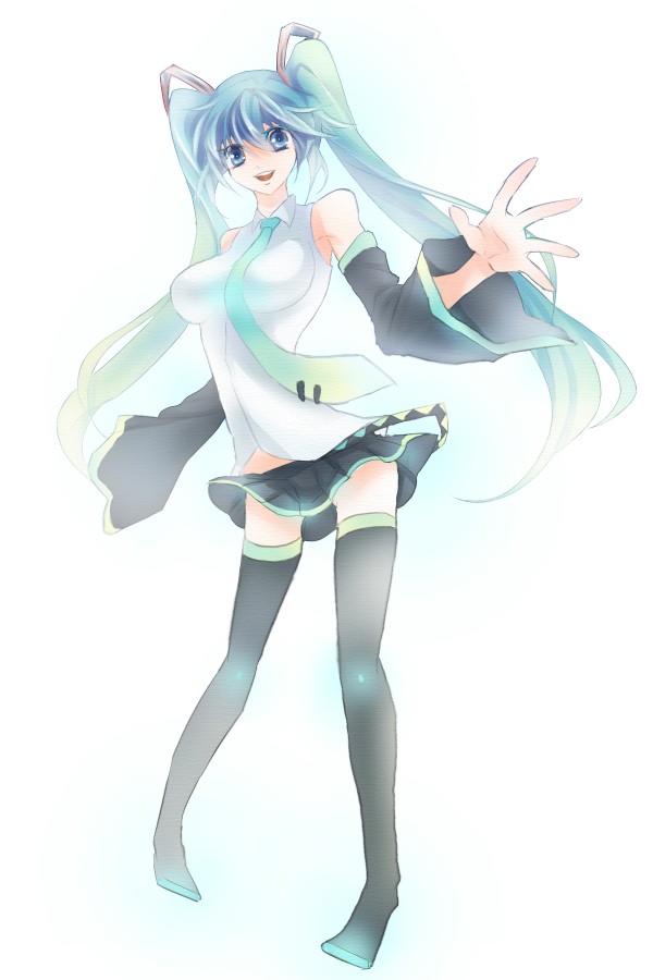 aqua_hair, bad_id, detached_sleeves, hatsune_miku, long_hair, necktie, skirt, thigh-highs