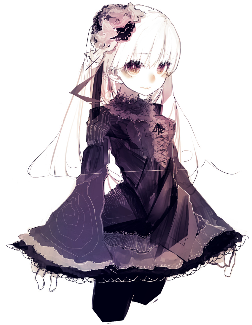 1girl, black_dress, brown_eyes, dress, flower, gothic_lolita, hair_flower, hair_ornament