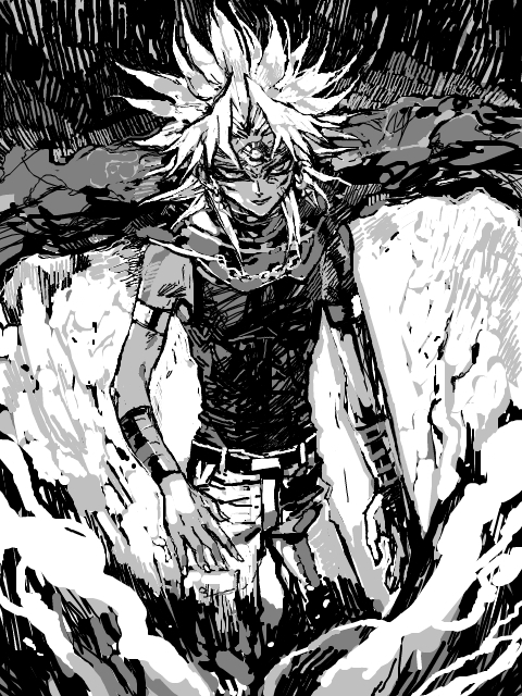 belt, cape, facial_mark, forehead_mark, goshi, male, malik_ishtar, marik_ishtar, monochrome, yu-gi-oh!, yuu-gi-ou, yuu-gi-ou_duel_monsters