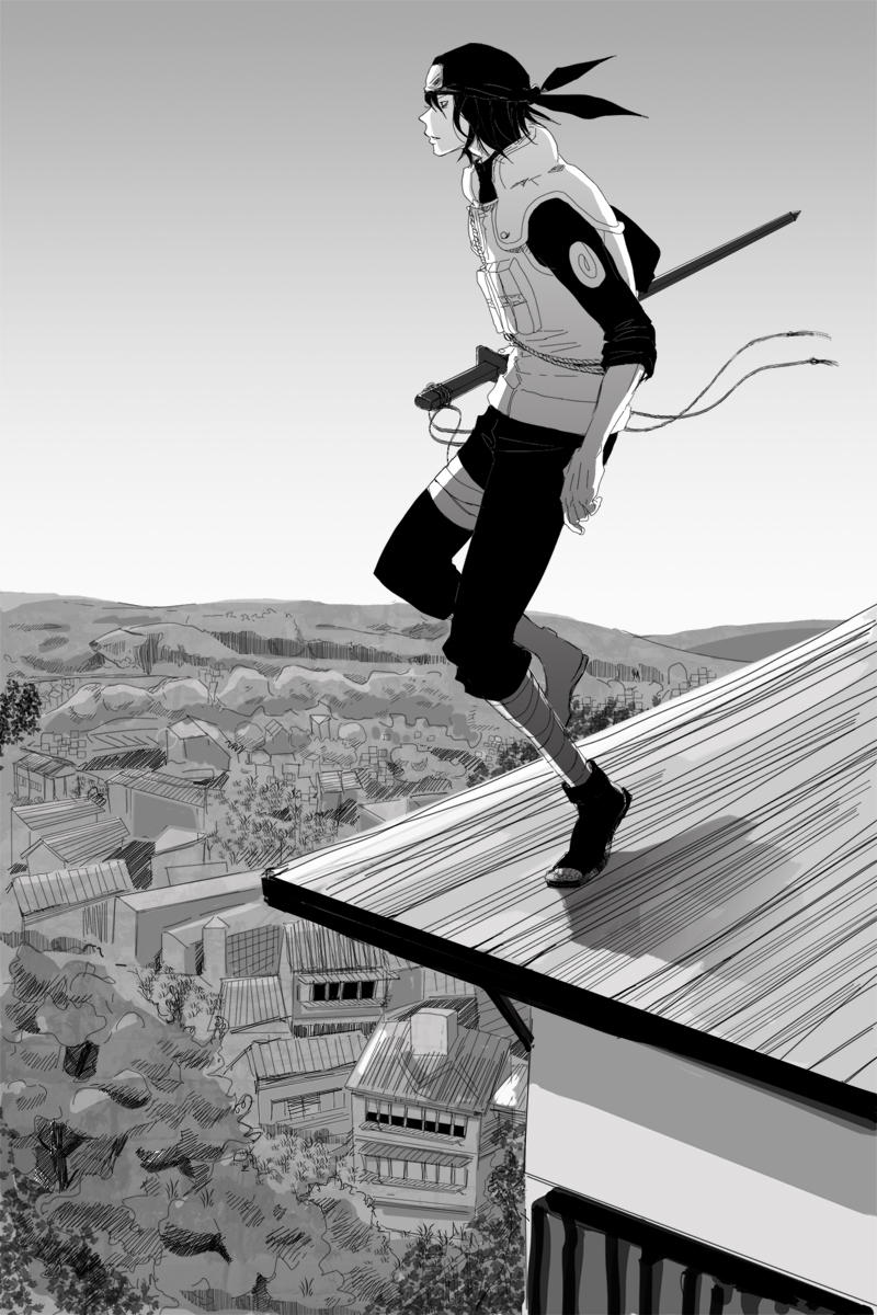1boy, bandana, black_hair, building, gekkou_hayate, highres, katana, monochrome