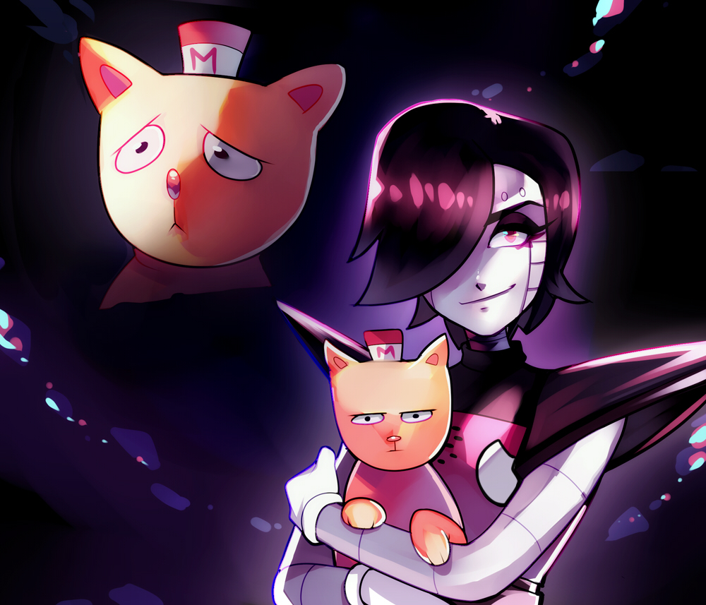 2boys, black_hair, burgerpants, carrying, cat, hair_over_one_eye, male, mettaton