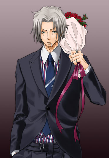 bouquet, cigarette, flower, gokudera_hayato, katekyo_hitman_reborn, male, short_hair, silver_hair, simple_background, suit, wrong_direction